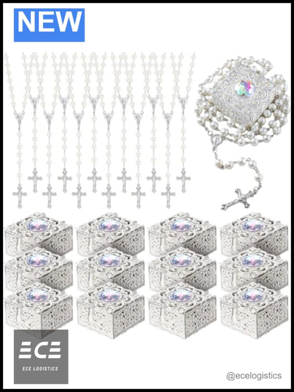 Catholic Rosary Necklace Simulated Pearl Glass Beads with Box Set